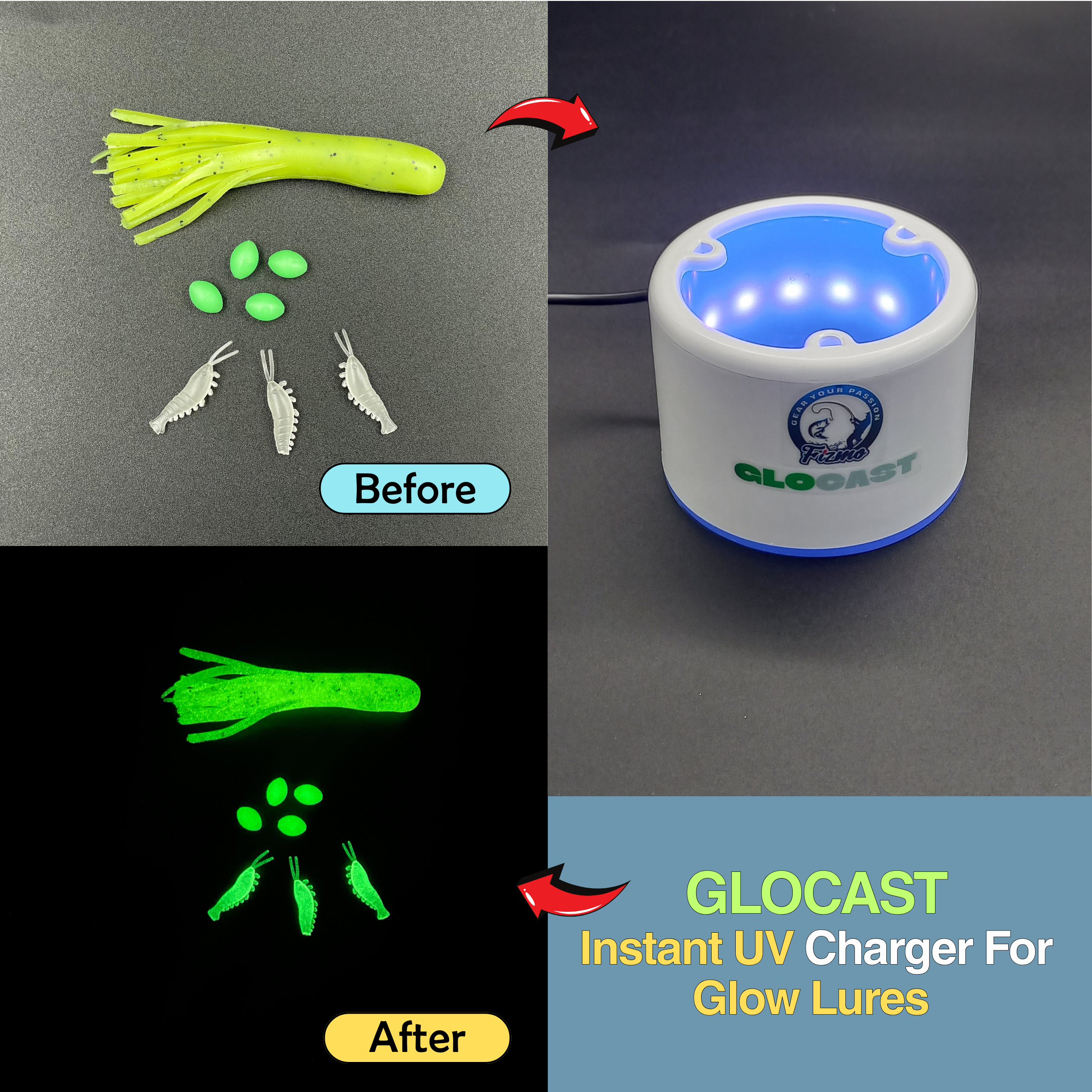 Eagle Claw Glow Ice Jig Kit – 15 Glow Jigs, Waterproof Box & Charging Light – Perfect For Perch, Crappie, Walleye